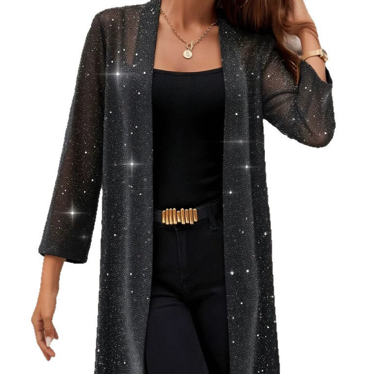 Women's Shimmering Mesh Long Open-Front Cardigan