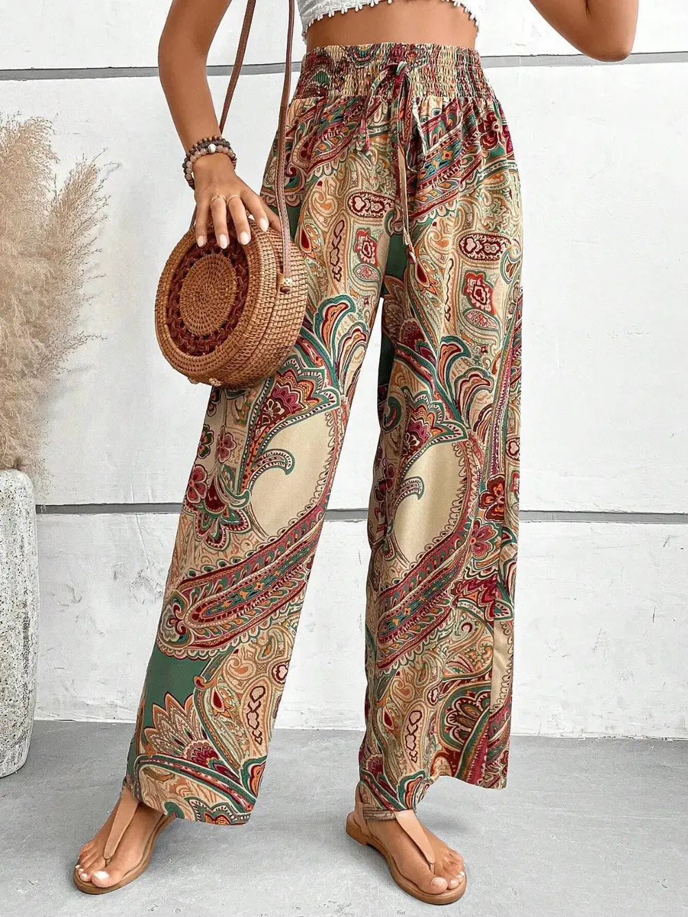 Printed wide leg pants styled on model