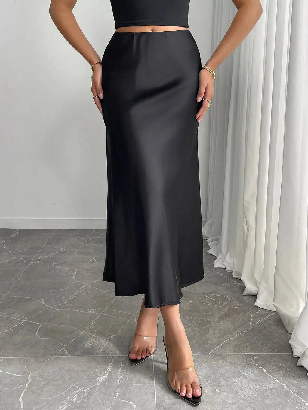 Satin midi skirt, front view