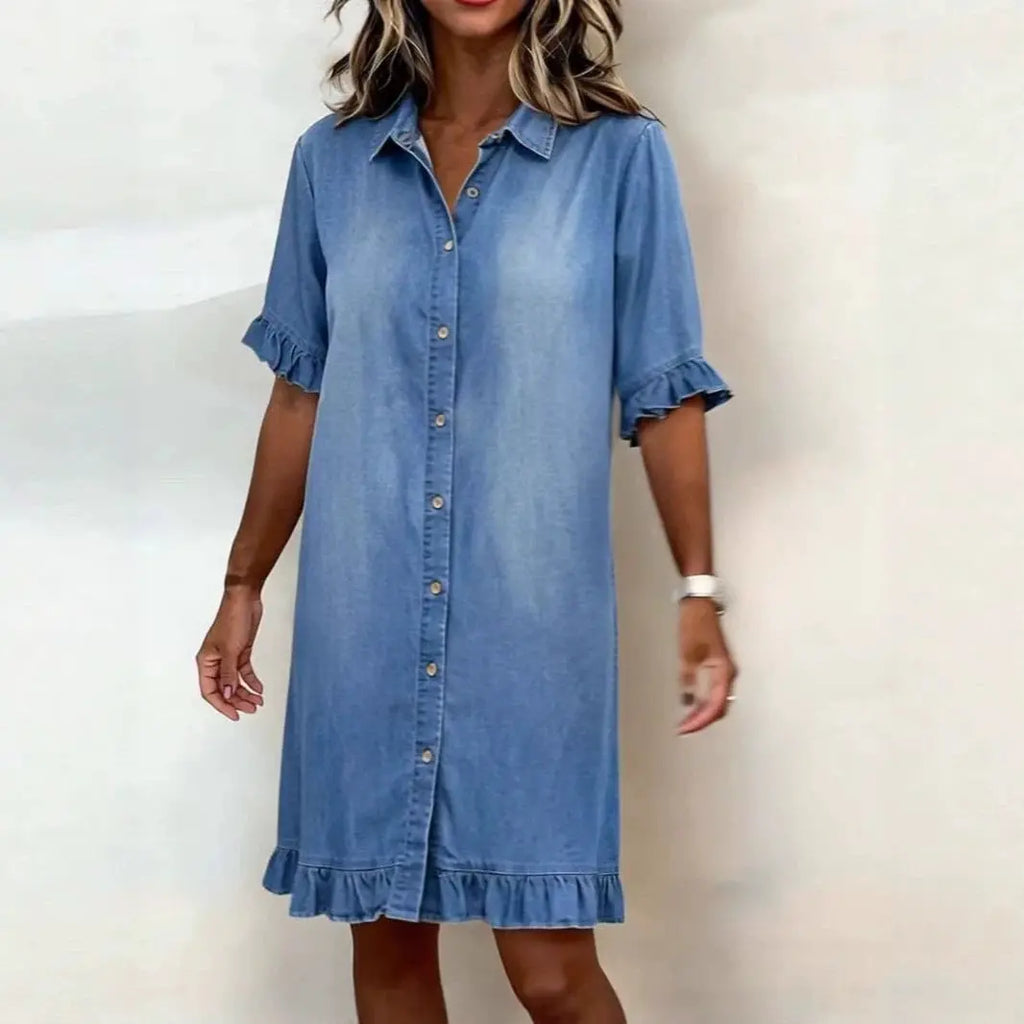 Women's Faux Denim Ruffle-Sleeve Shirt Dress Vicsxox