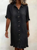 Women's Faux Denim Ruffle-Sleeve Shirt Dress Vicsxox