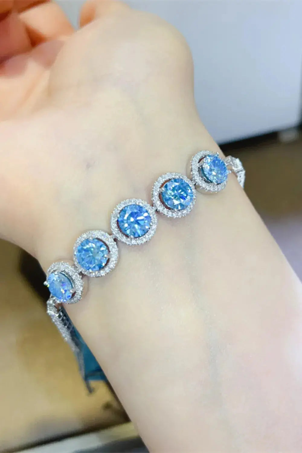 5ct Blue Moissanite Halo Tennis Bracelet in Platinum-Plated Silver Vicxox.com