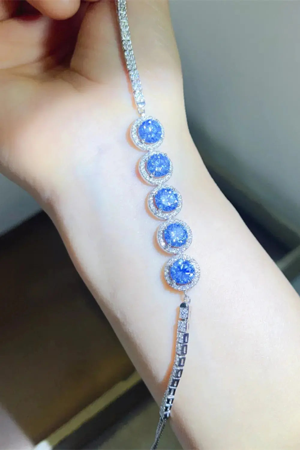 5ct Blue Moissanite Halo Tennis Bracelet in Platinum-Plated Silver Vicxox.com