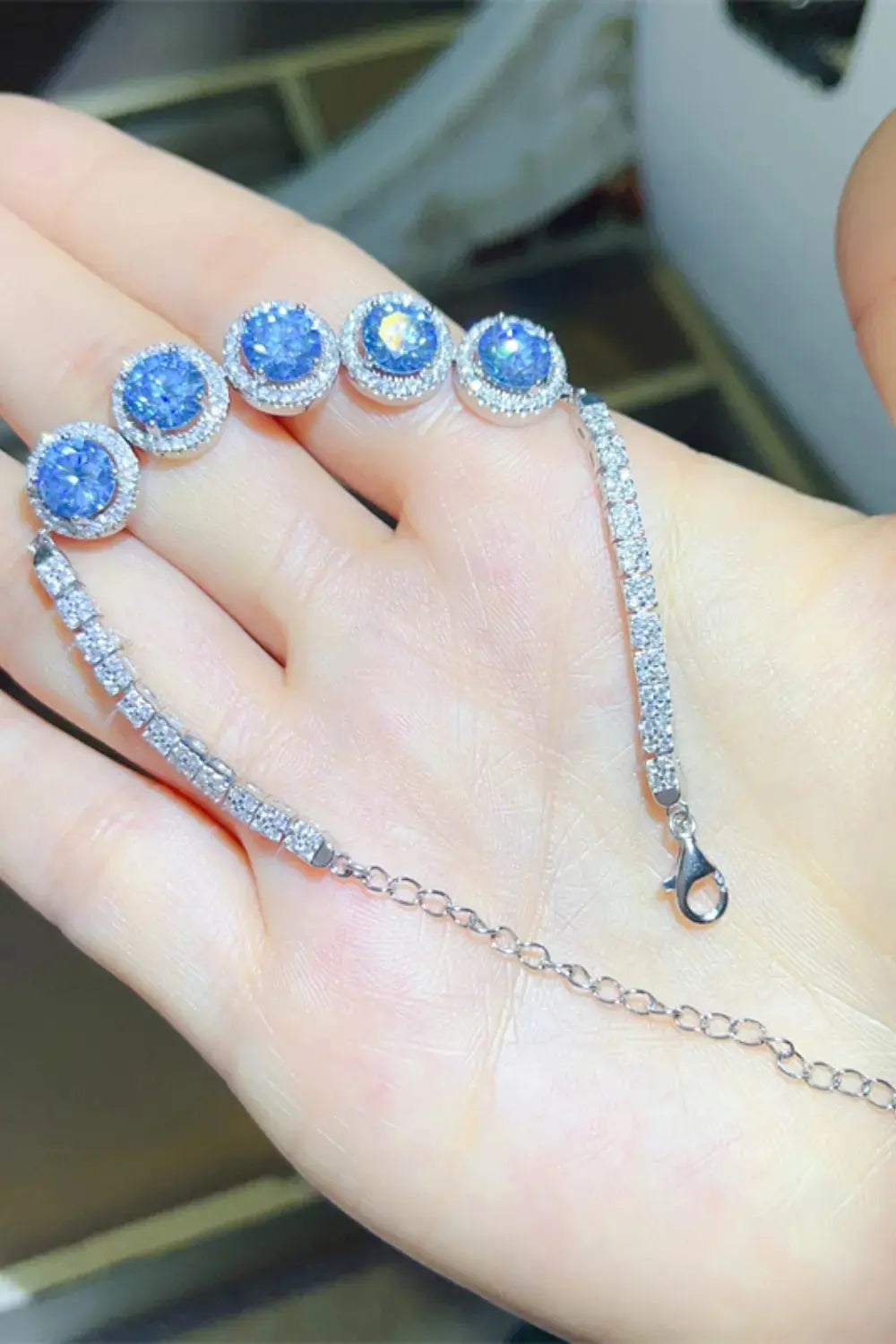 5ct Blue Moissanite Halo Tennis Bracelet in Platinum-Plated Silver Vicxox.com