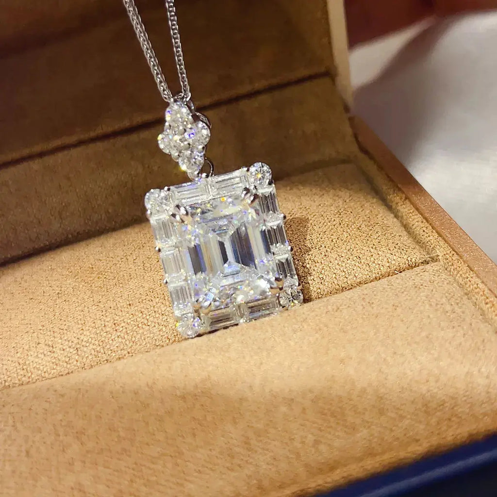 5ct Emerald-Cut Moissanite Baguette Halo Statement Pendant Necklace in Sterling Silver Vicsxox.com