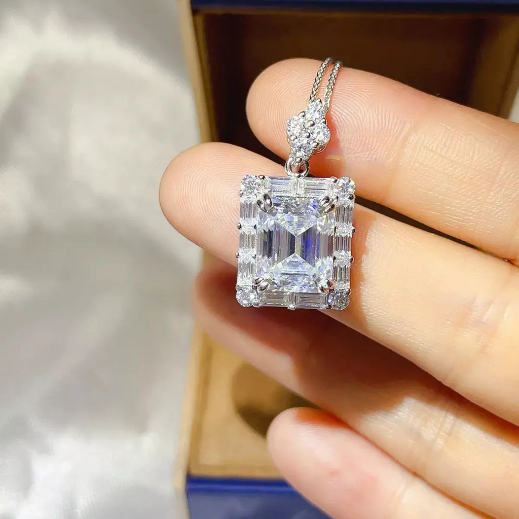 5ct Emerald-Cut Moissanite Baguette Halo Statement Pendant Necklace in Sterling Silver Vicsxox.com