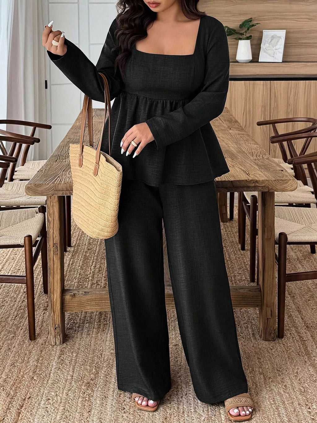 Plus Size Square-Neck Long-Sleeve Top & Pants Set