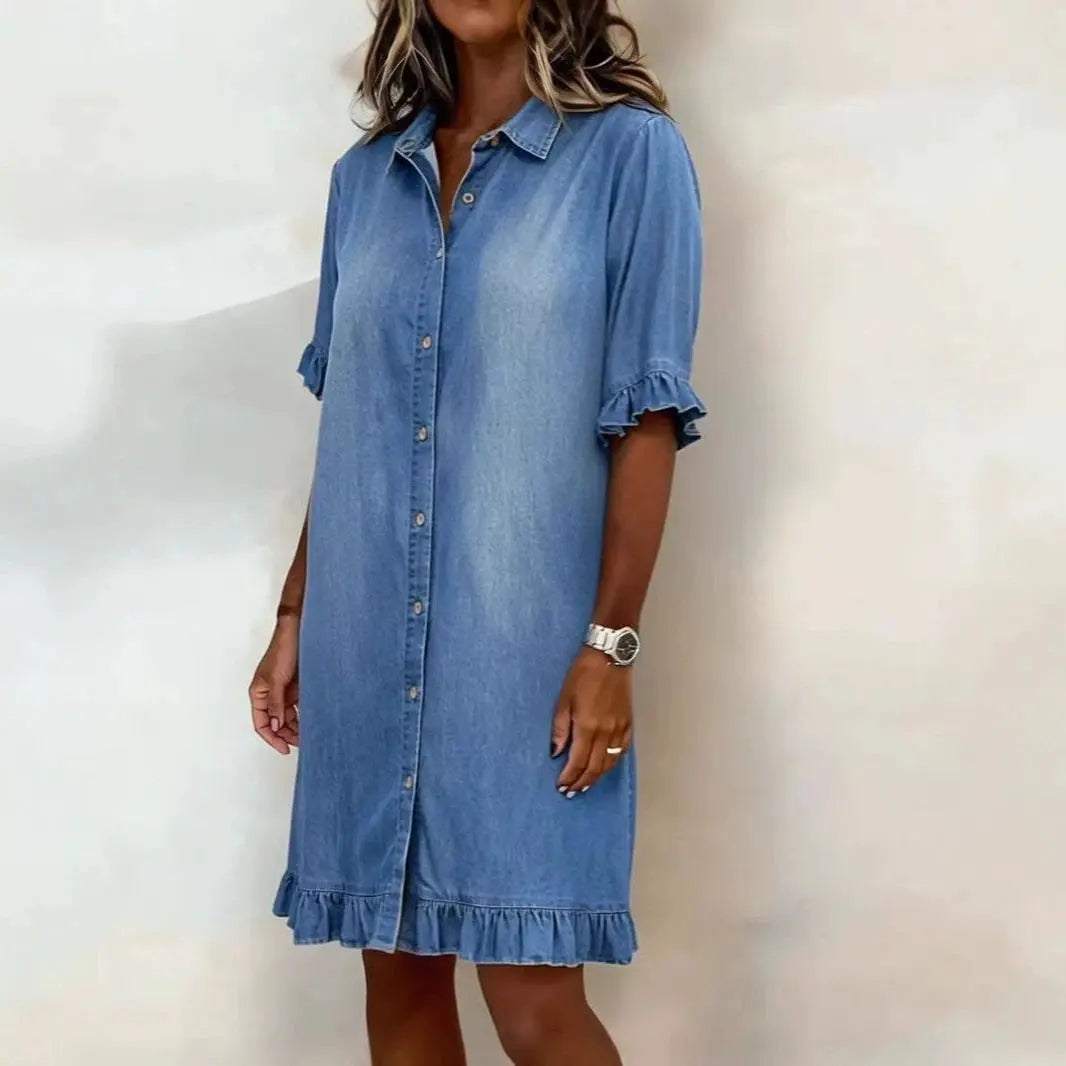 Women's Faux Denim Ruffle-Sleeve Shirt Dress Vicsxox