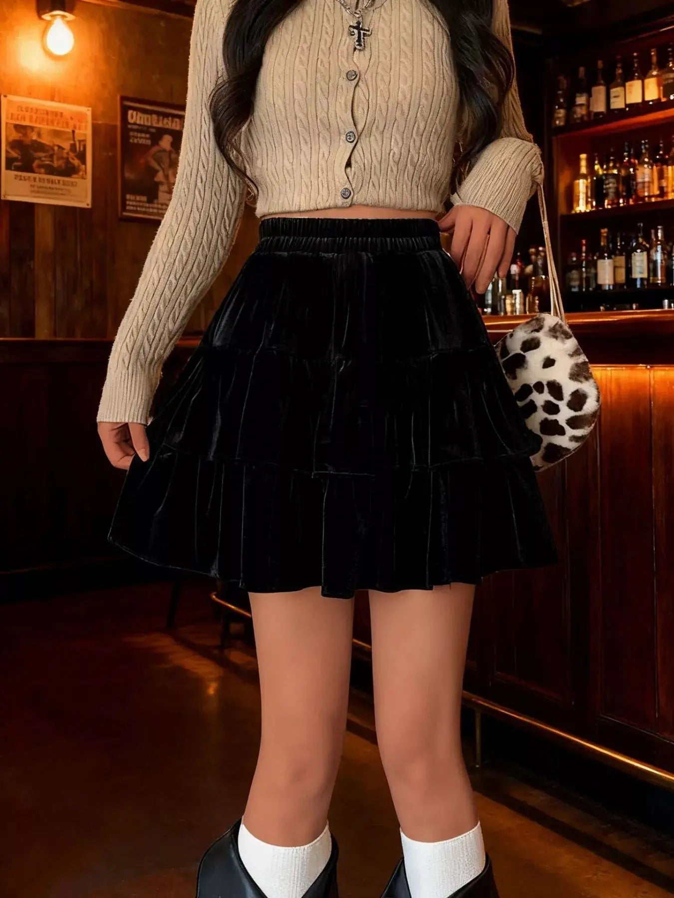Velvet layered mini skirt detail