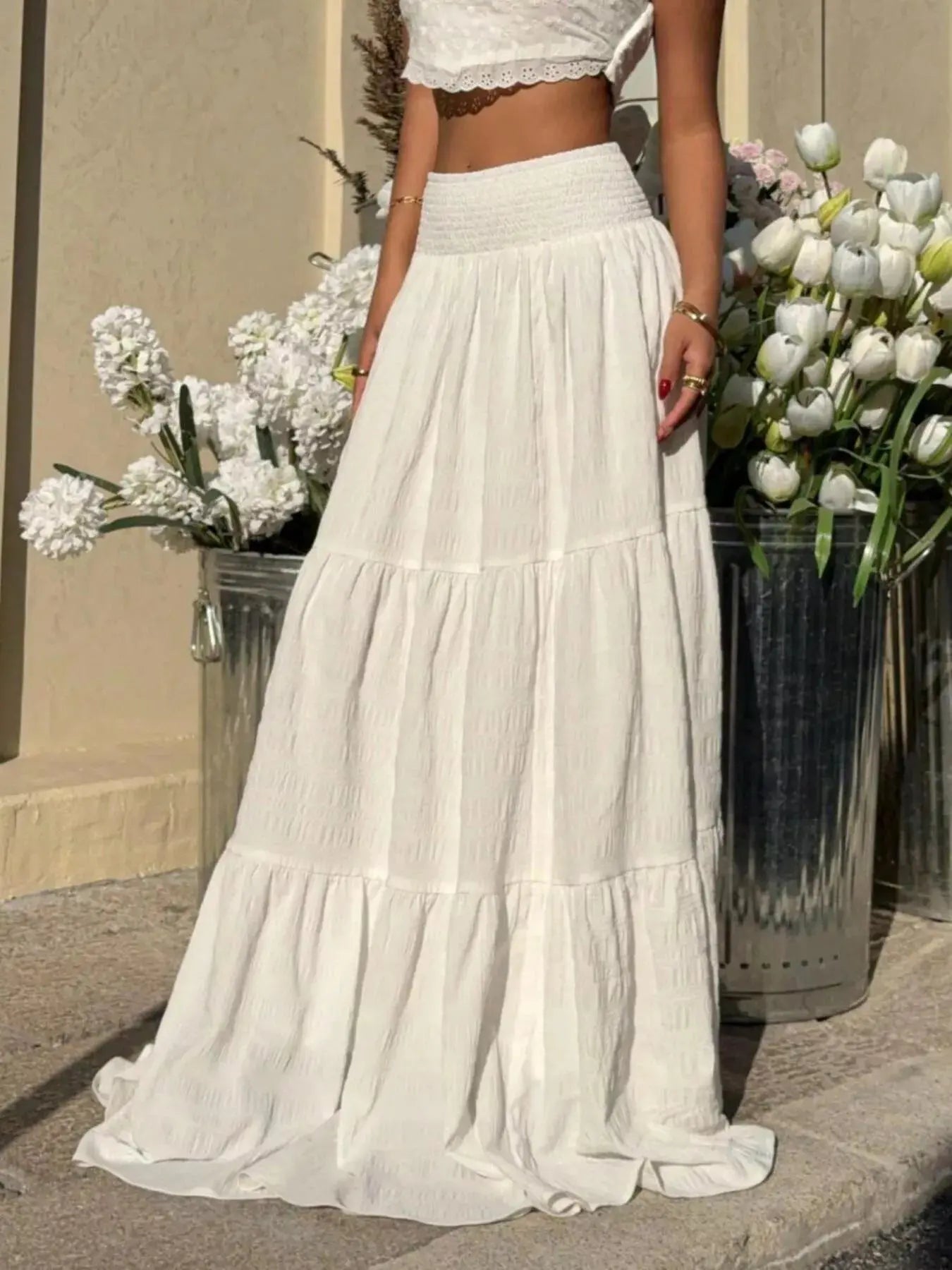 Smocked tiered maxi skirt detail