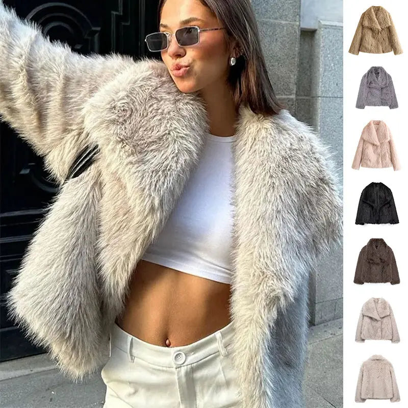 Women's Fluffy Faux Fur Coat | Oversized Lapel Jacket Vicsxox