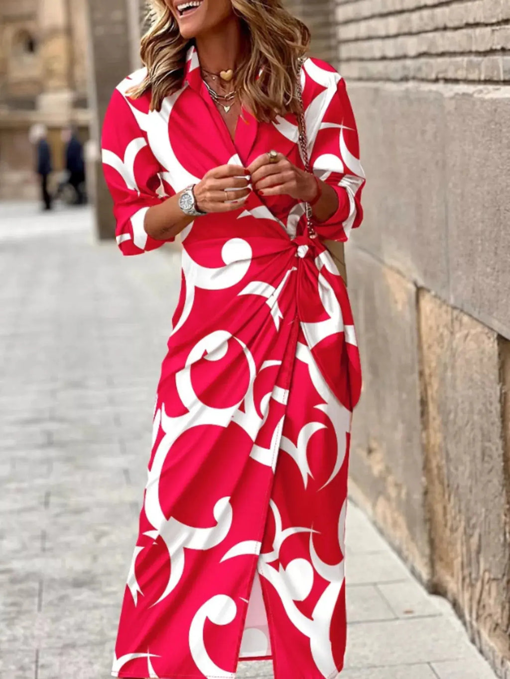 Women's Printed Shirt Dress – Collared, Tied Waist, 4 Colors Vicsxox
