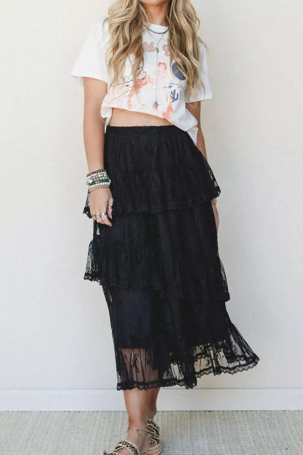 Elegant ruffle lace tiered skirt, front view