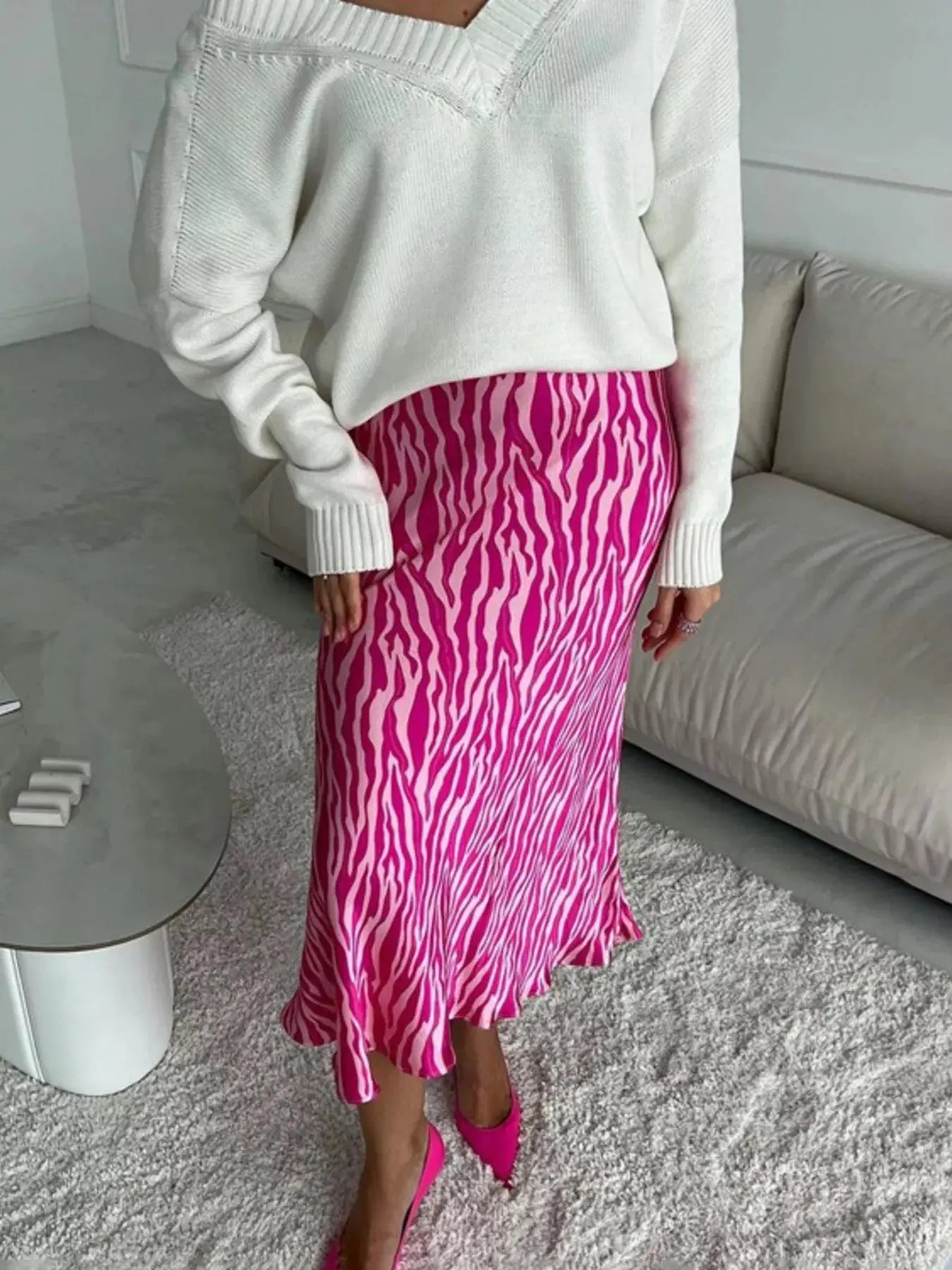 Satin zebra print midi skirt styled on model