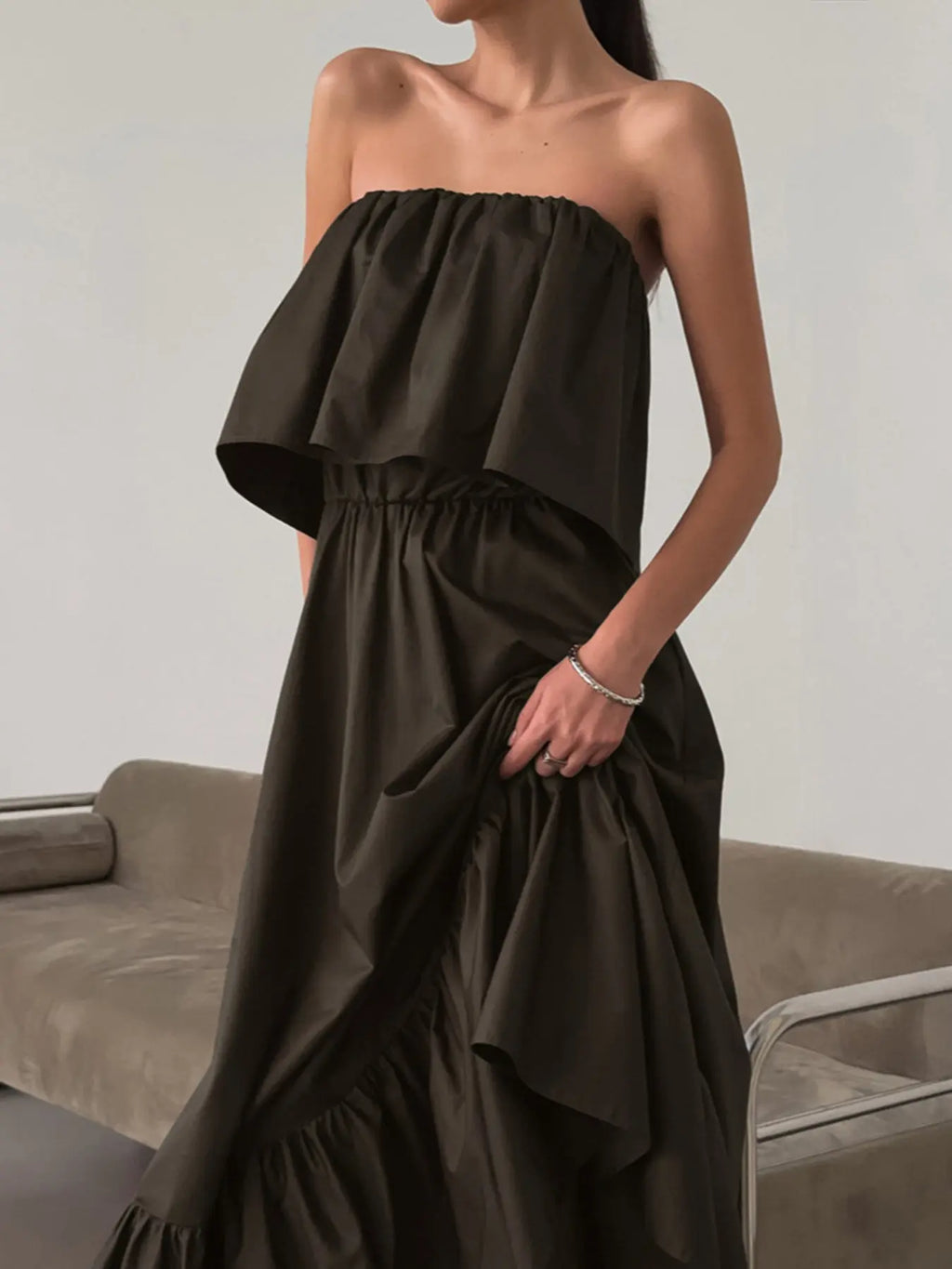 Side view of off-shoulder ruffle maxi dress