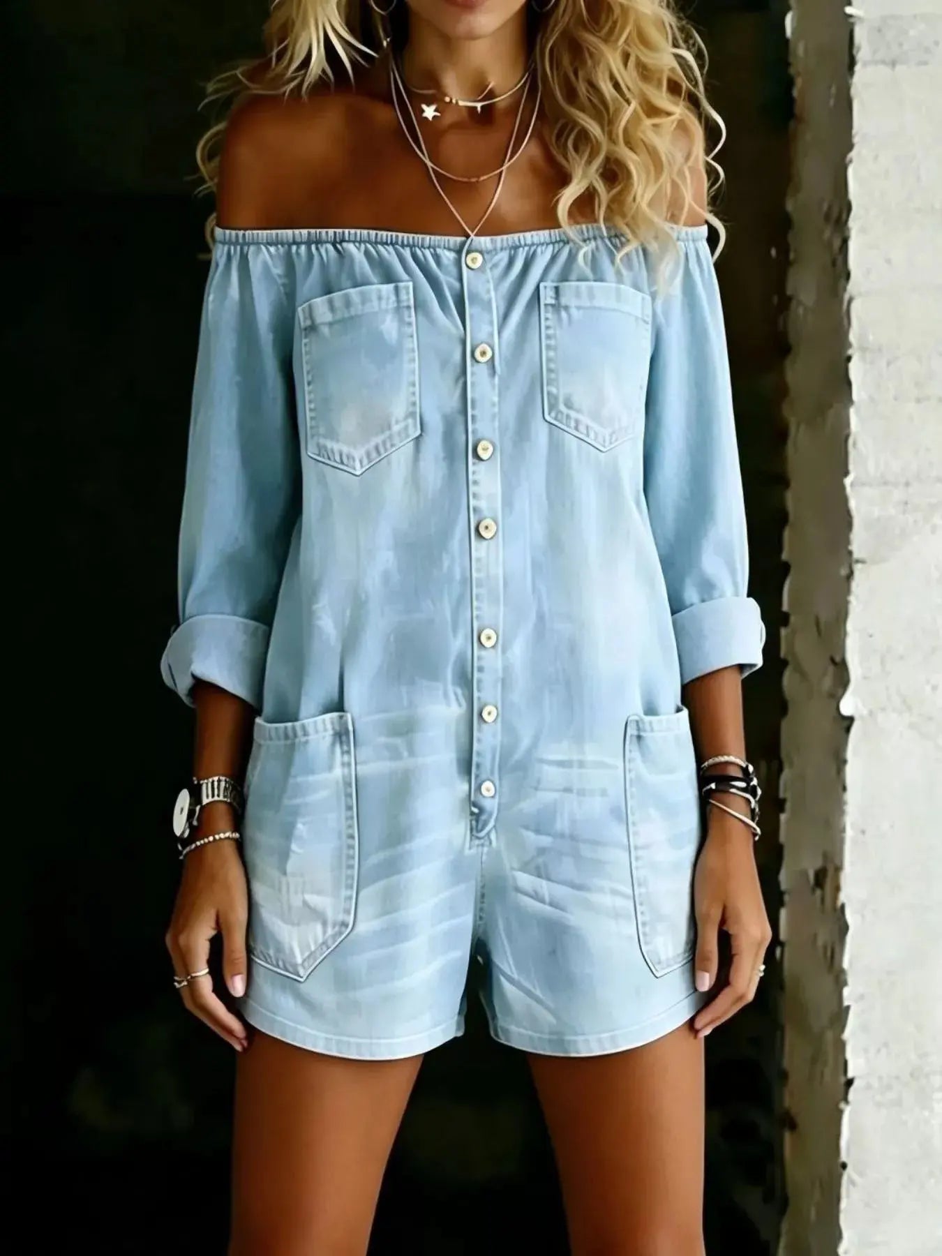 Close-up of button-down front detail on off shoulder romper