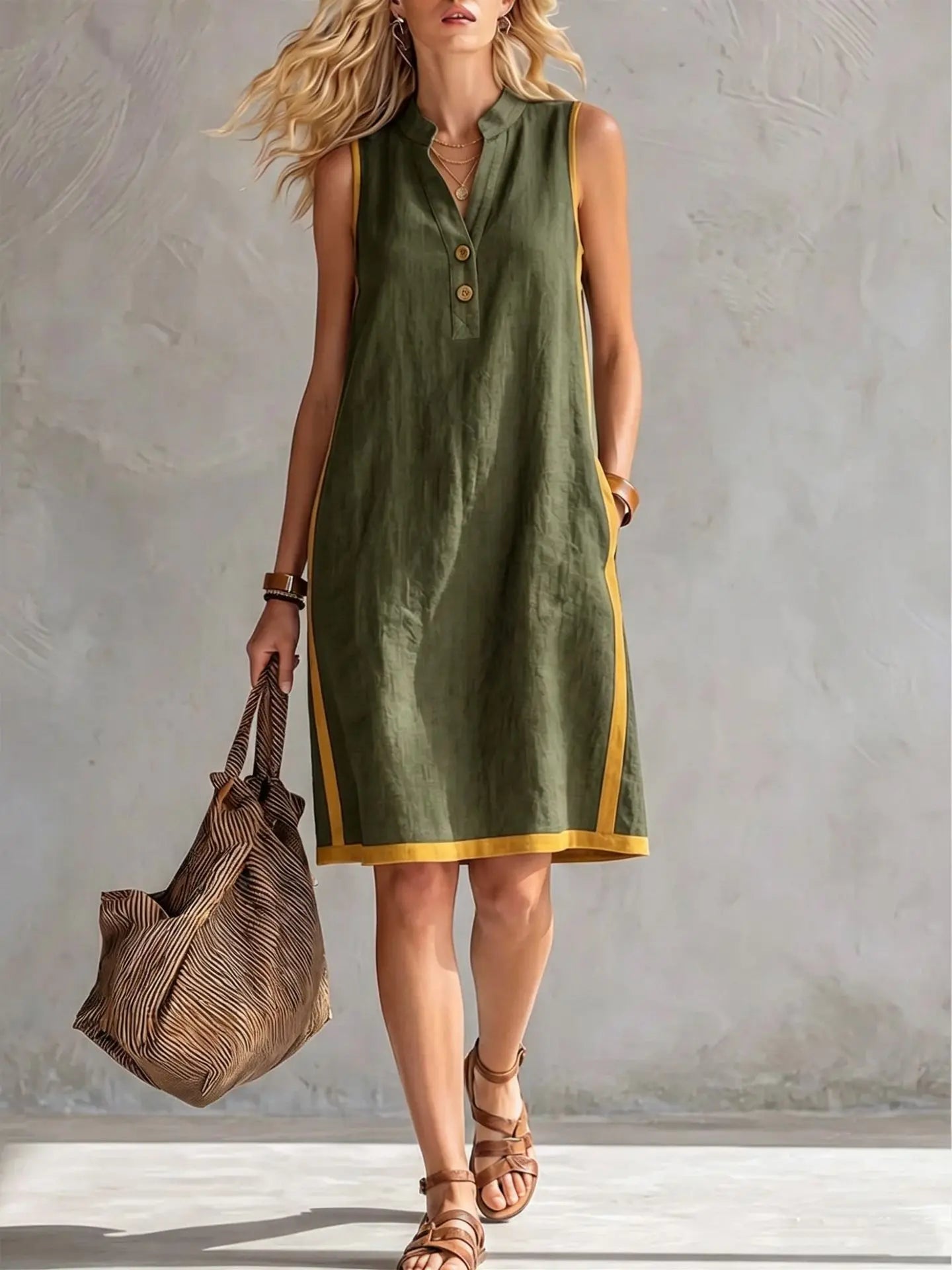 Woman wearing a green dress with yellow trim, holding a brown bag against a gray background