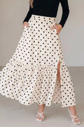 Polka dot ruffled slit maxi skirt, front view