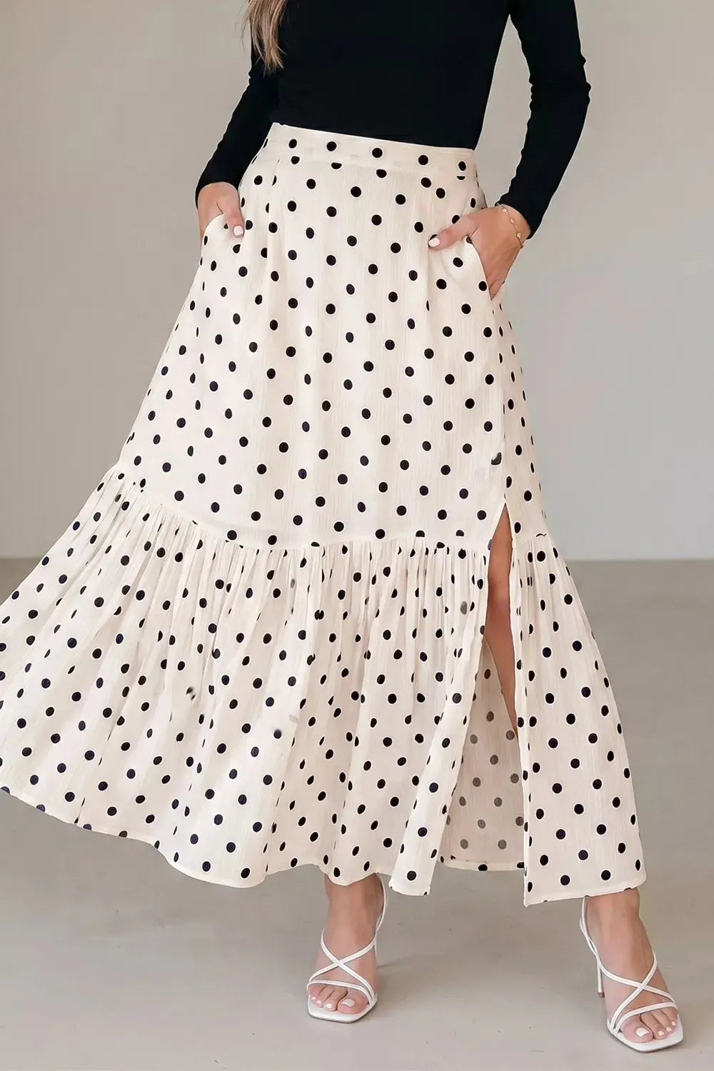 Polka dot ruffled slit maxi skirt, front view