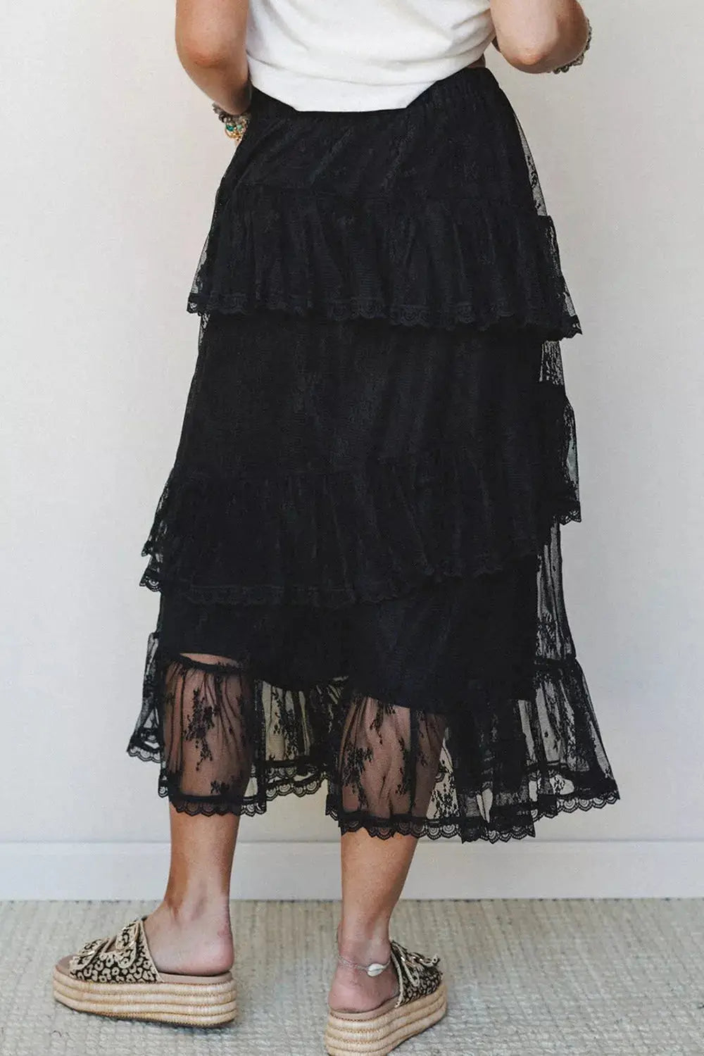 Ruffle lace tiered skirt styled on model
