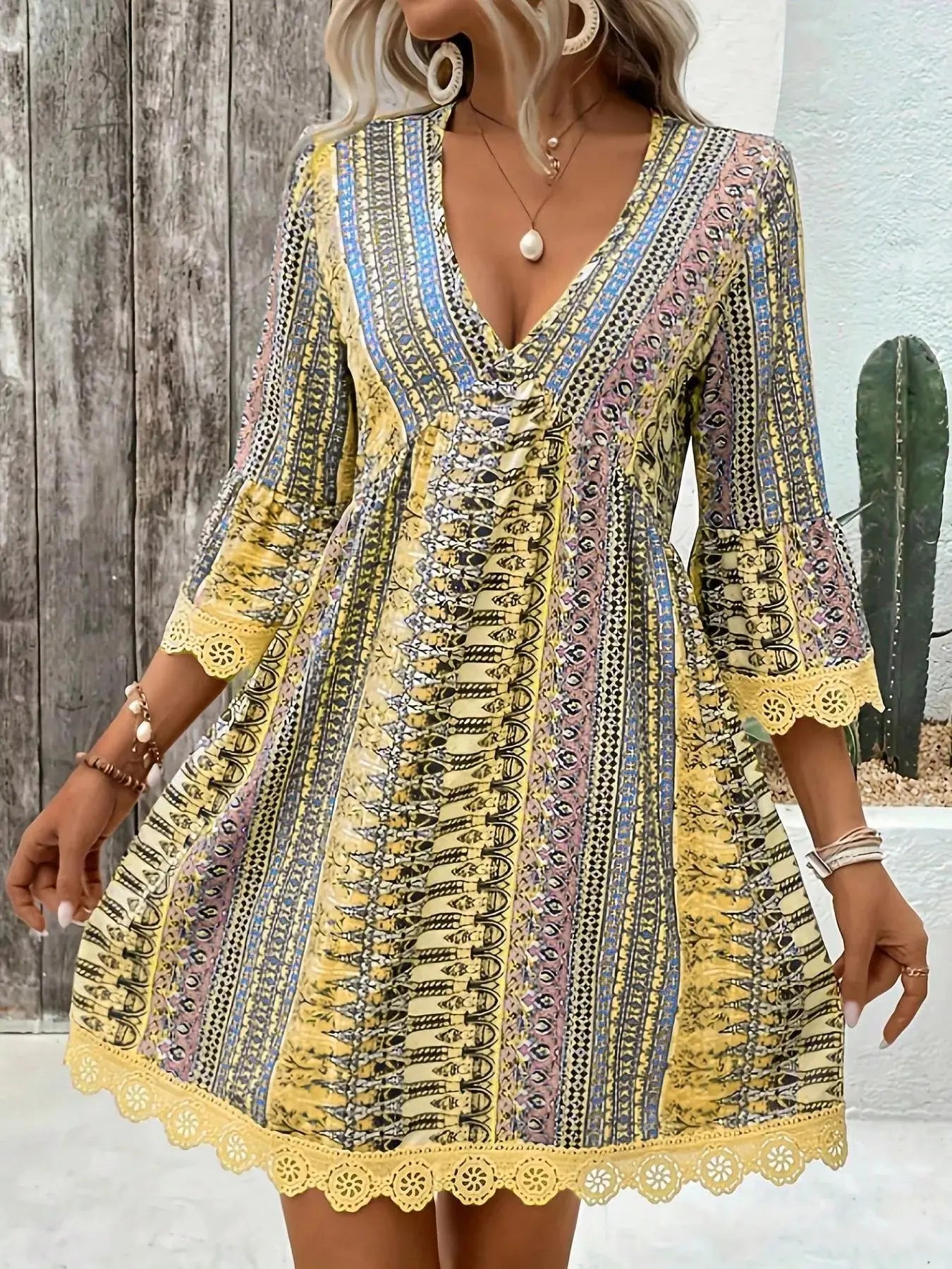 Printed V-Neck A-Line Dress with Lace Detail - Vicsxox