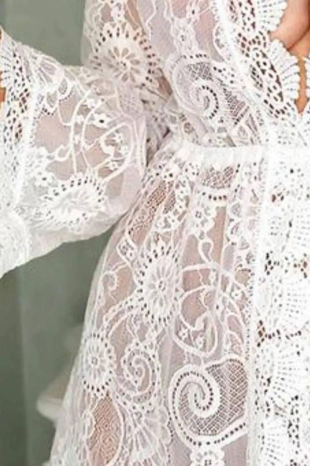 Side view of lace v-neck cover-up dress