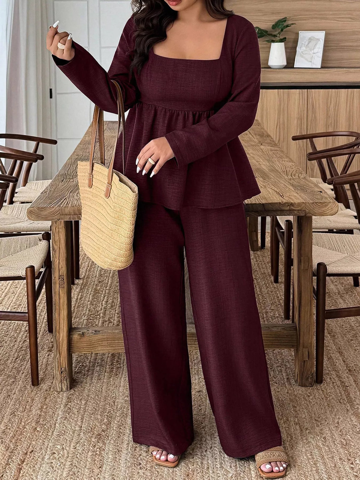 Plus Size Square-Neck Long-Sleeve Top & Pants Set