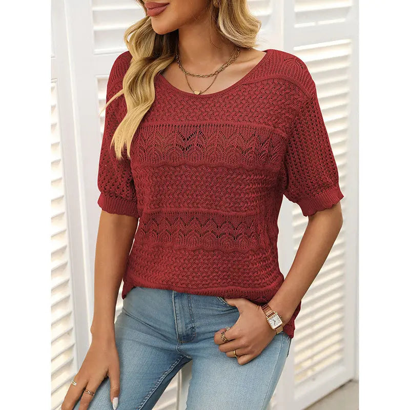 Women's Boho Crochet Knit Hollow-Out Top | Short Sleeve Summer Blouse Vicsxox