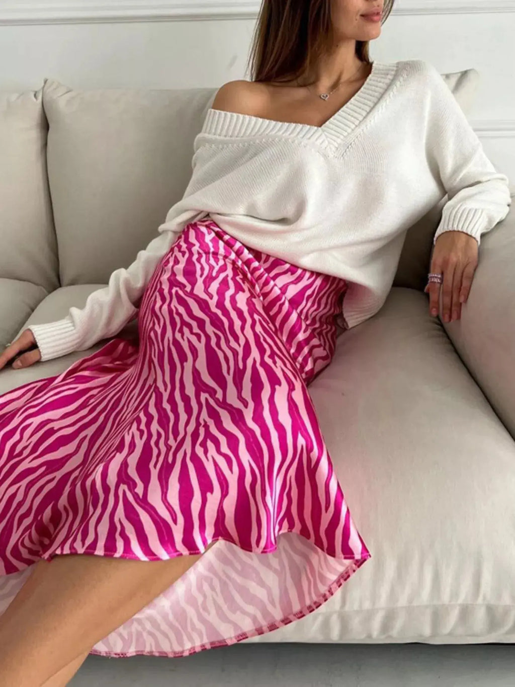 Satin zebra print midi skirt, front view