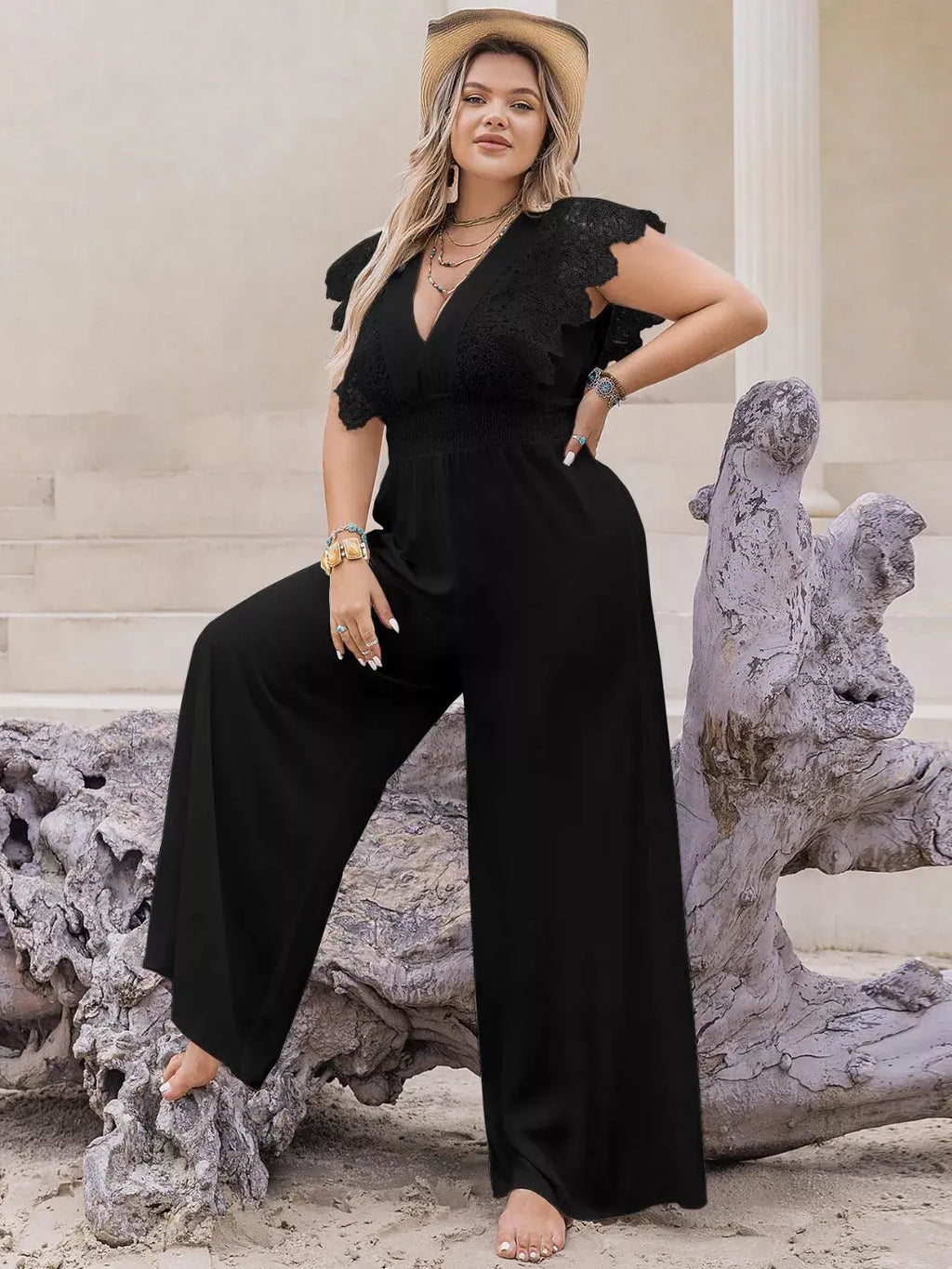 Full length view of wide leg jumpsuit