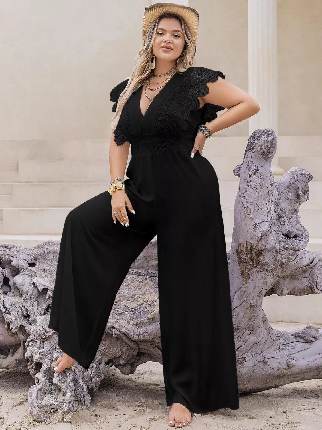 Full length view of wide leg jumpsuit