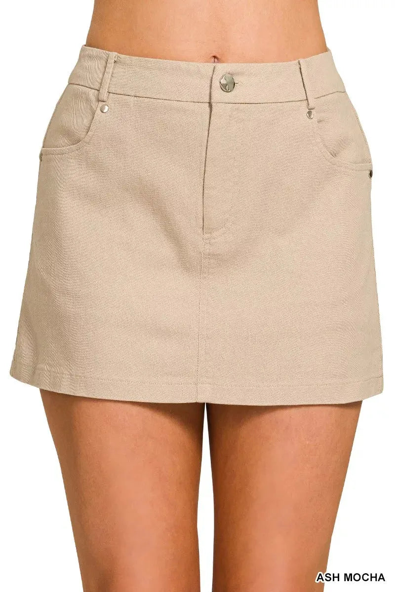 Cotton twill lined mini skirt, front view