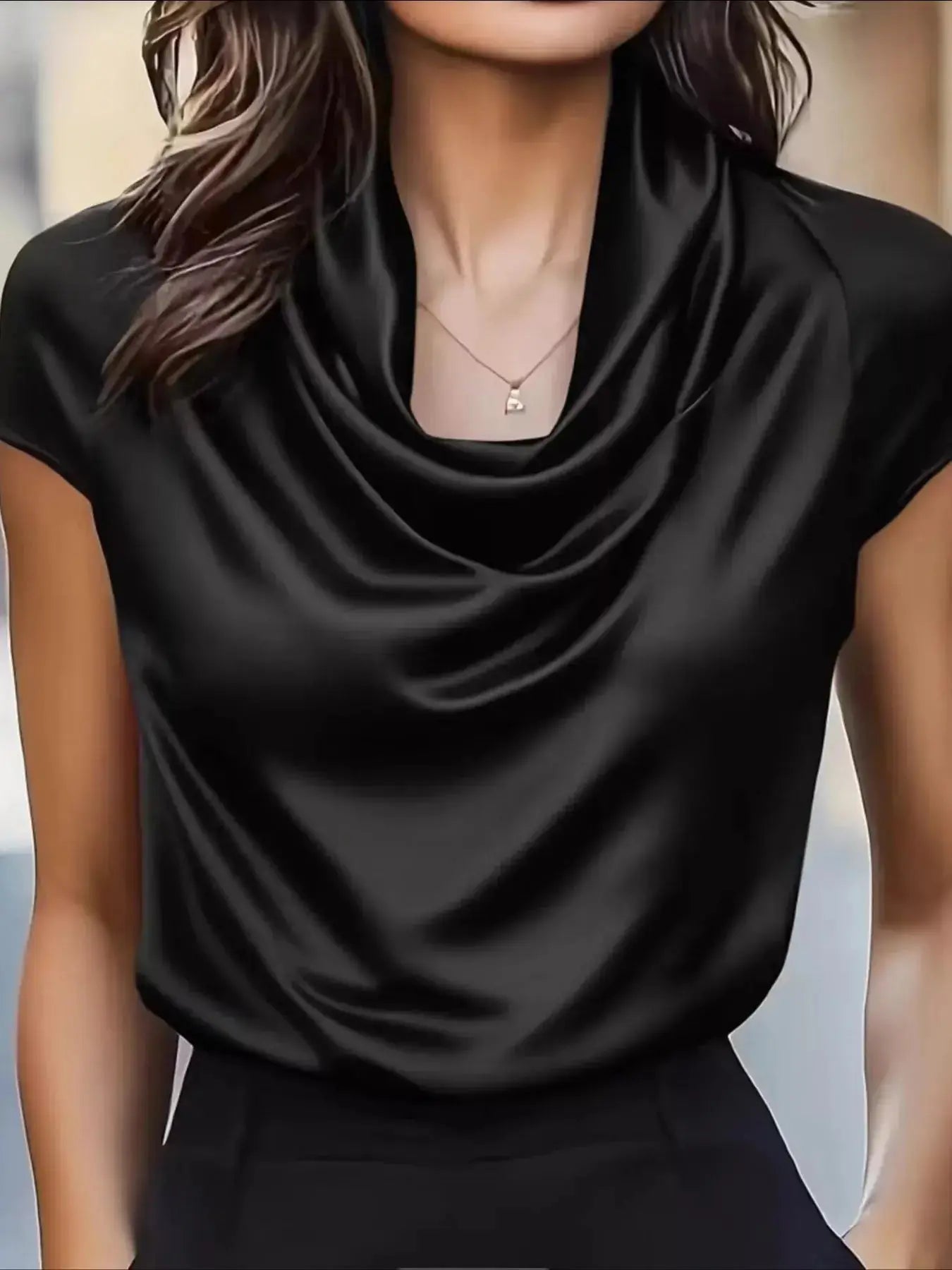 Women's Satin Cowl Neck Blouse – Ruched Detail, 5 Colors, S–2XL Vicsxox