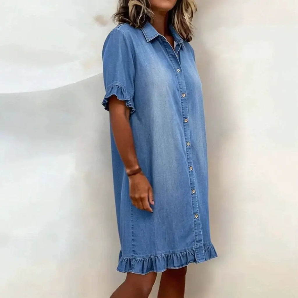 Women's Faux Denim Ruffle-Sleeve Shirt Dress Vicsxox