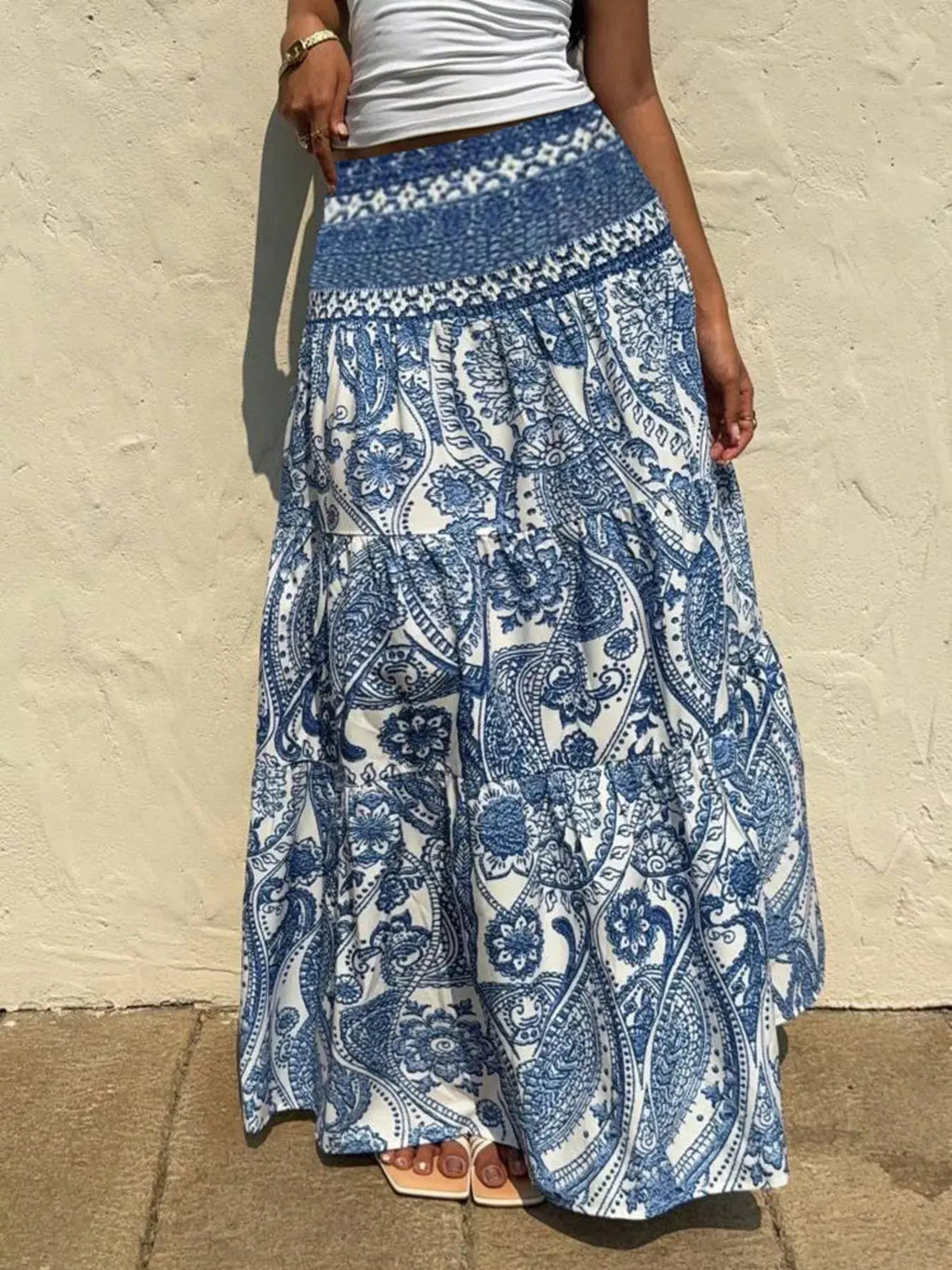 Paisley print tiered maxi skirt, front view