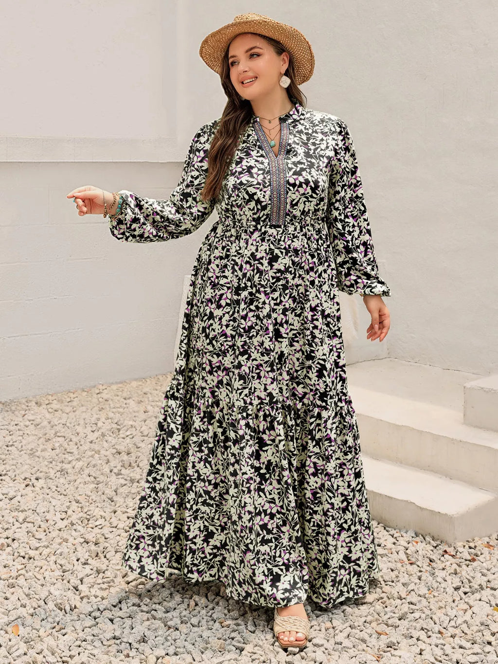 Plus Size Floral Print Long Sleeve Tiered Maxi Dress