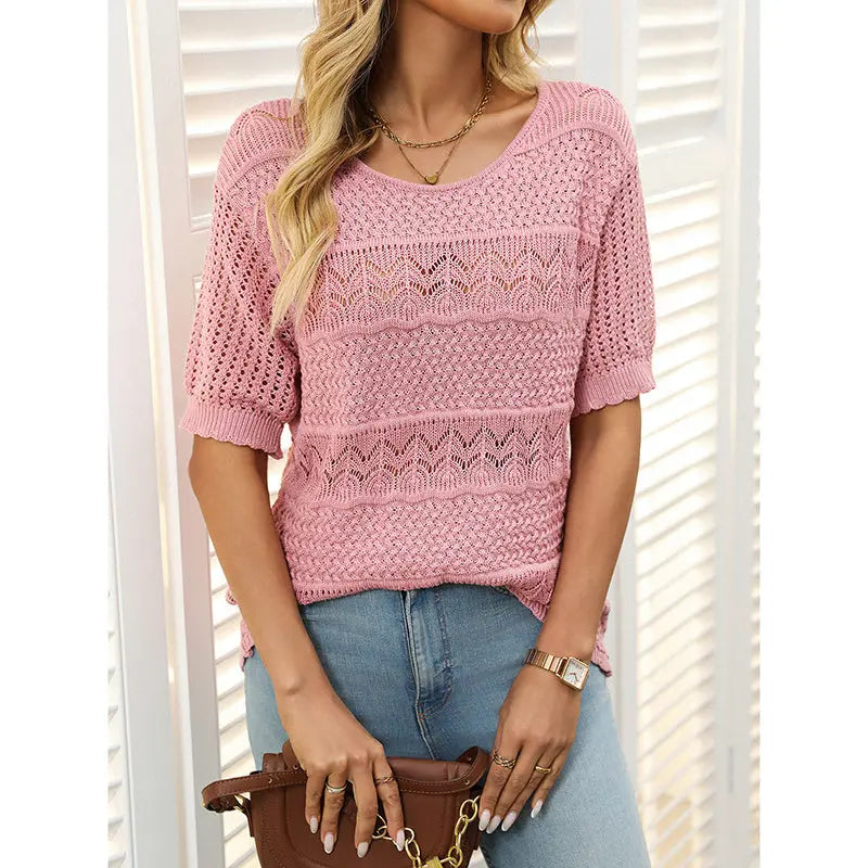 Women's Boho Crochet Knit Hollow-Out Top | Short Sleeve Summer Blouse Vicsxox