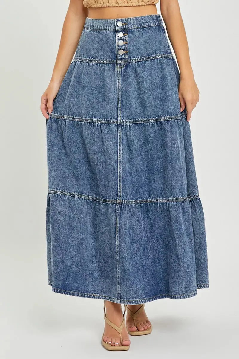 High rise ruffle long skirt detail