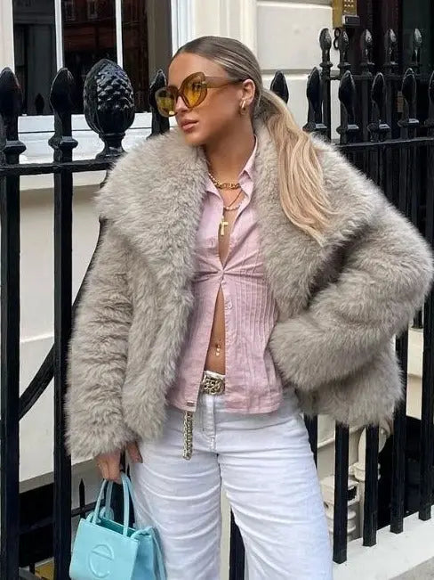 Women's Fluffy Faux Fur Coat | Oversized Lapel Jacket Vicsxox