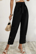 Buttoned tie-waist cropped pants, front view