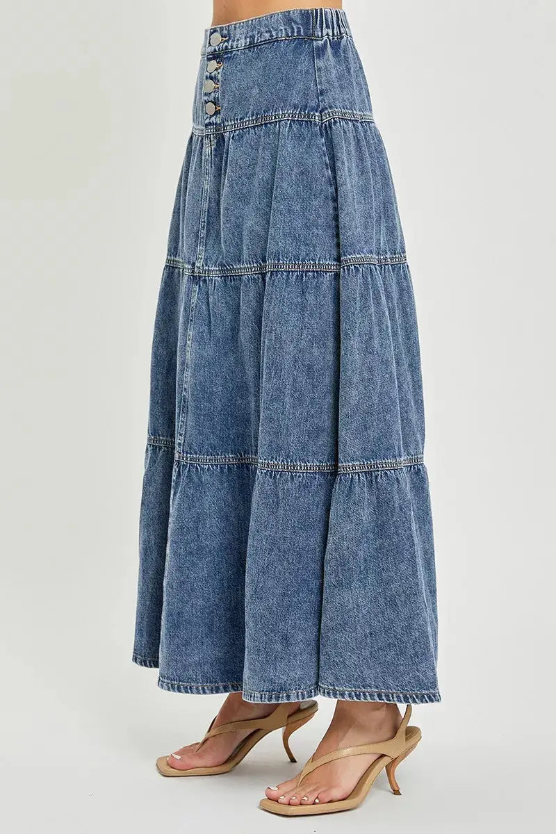 High rise ruffle long skirt styled on model