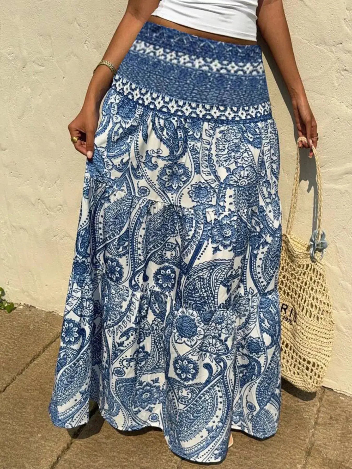 Paisley print tiered maxi skirt detail