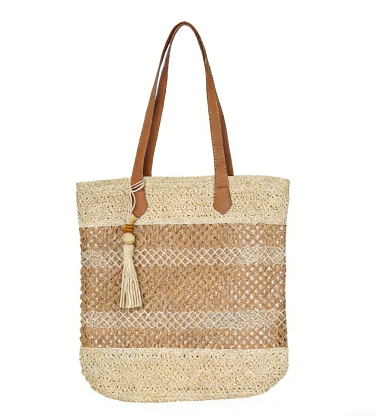 Color-Block Openwork Woven Beach Tote with Tassel