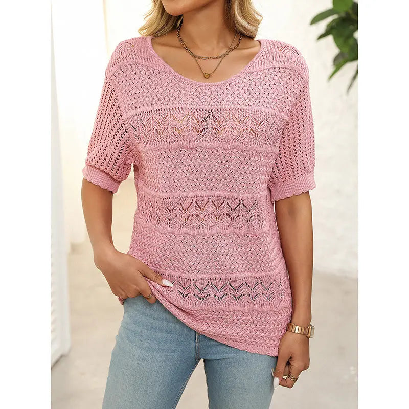 Women's Boho Crochet Knit Hollow-Out Top | Short Sleeve Summer Blouse Vicsxox