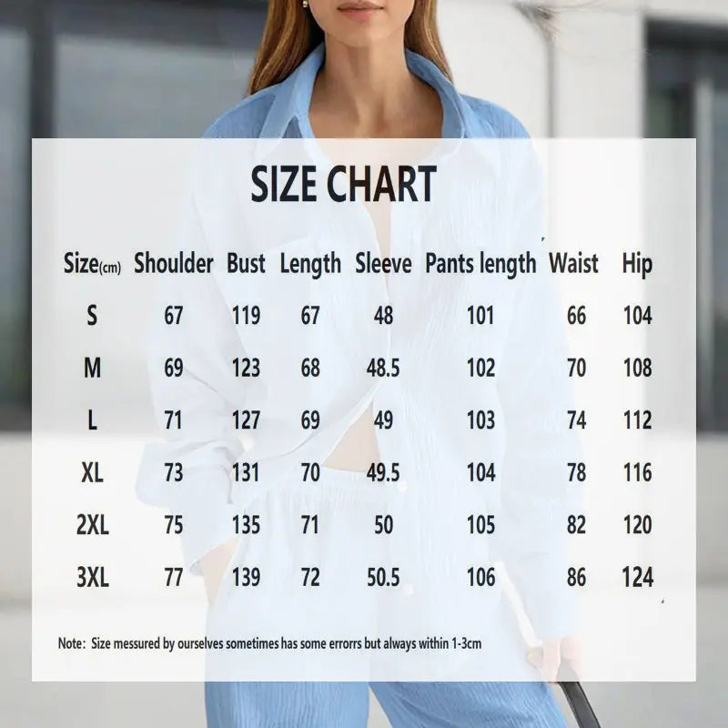 Person wearing a blue shirt with a size chart overlay