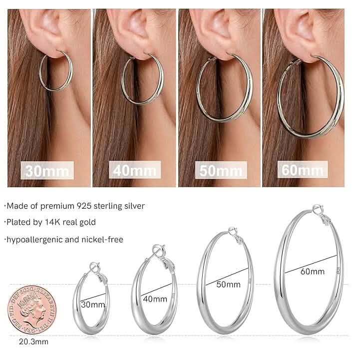 Hoop earrings shown on ears with size measurements and product details.