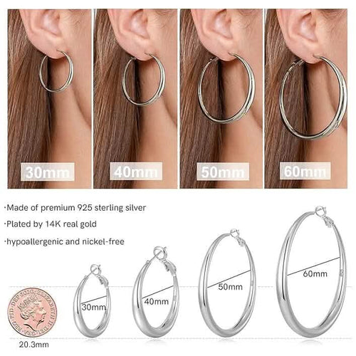 Hoop earrings shown on ears with size measurements and product details.