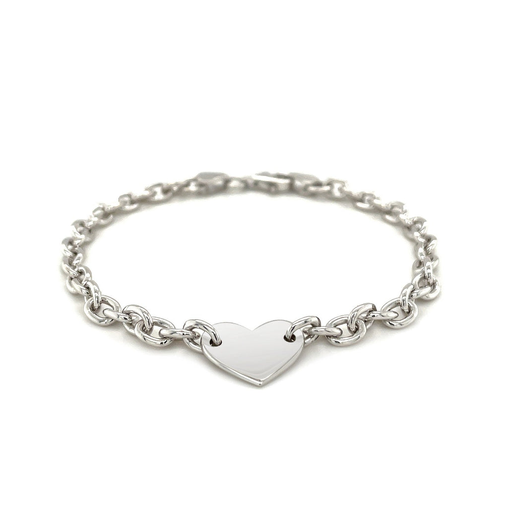 925 Sterling Silver Heart Station Chain Bracelet | Rhodium Plated | 5mm Cable Chain Vicsxox.com