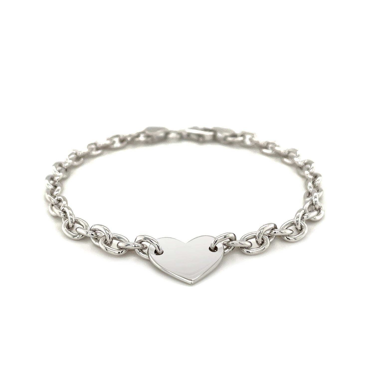 925 Sterling Silver Heart Station Chain Bracelet | Rhodium Plated | 5mm Cable Chain Vicsxox.com