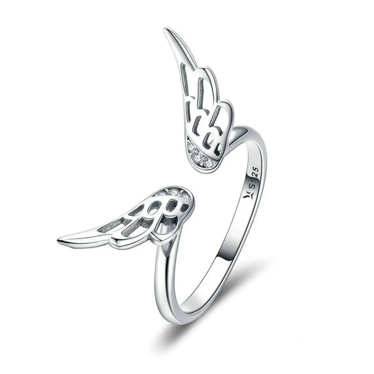 Close-up of angel wing detail on silver ring vicsxox.com